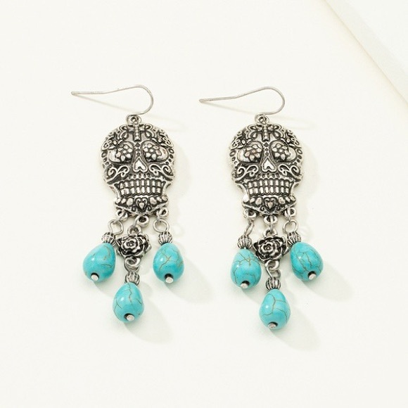 Jewelry - 🔥3/$20 Sale🔥 Turquoise and Silver Skull Earrings